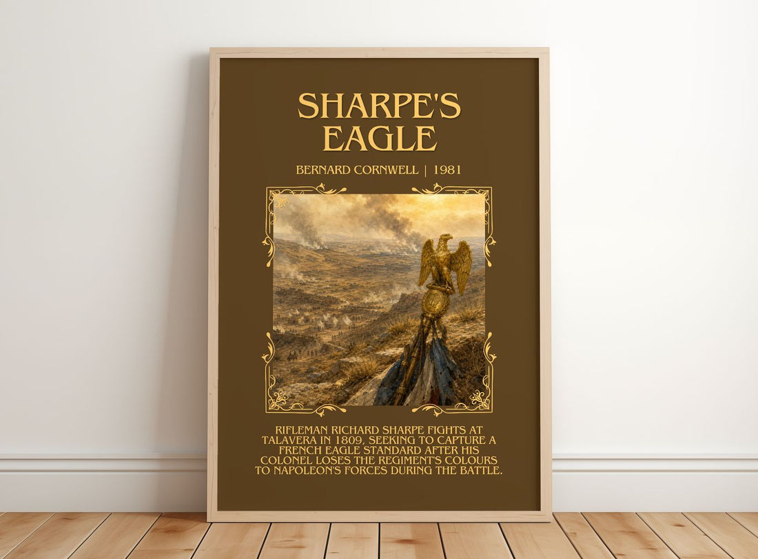 Sharpe's Eagle Minimalist Book Poster by Bernard Cornwell – framed print leaning on a wooden floor
