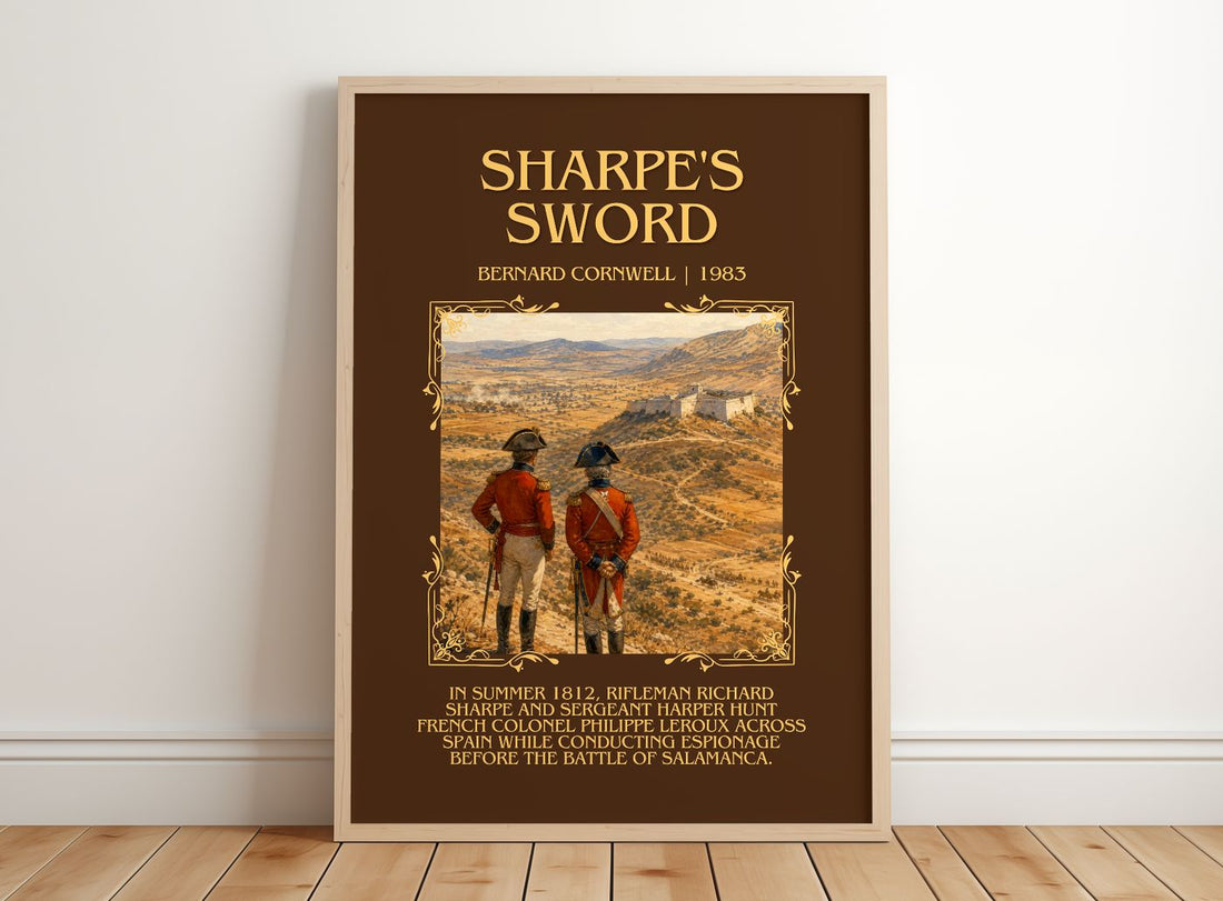 Sharpe's Sword Minimalist Book Poster by Bernard Cornwell – framed print leaning on a wooden floor