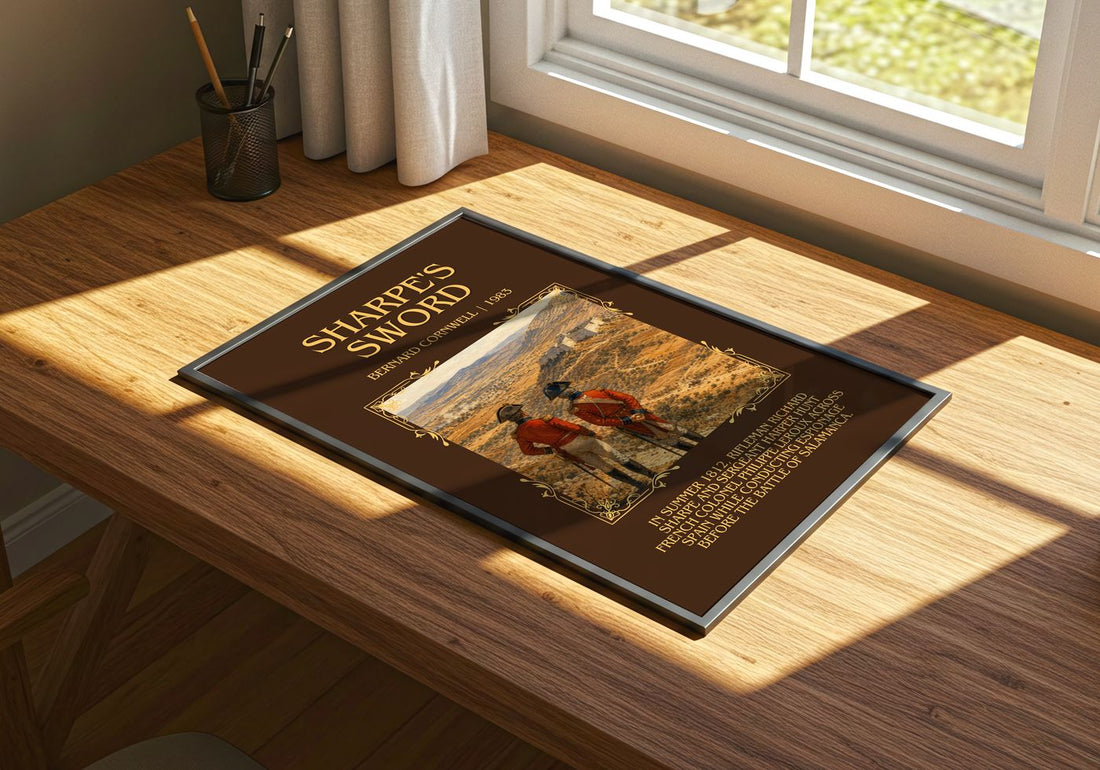 Sharpe's Sword Minimalist Book Poster by Bernard Cornwell – print on a sunlit desk