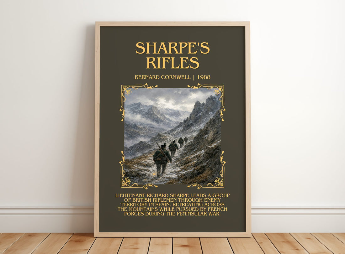 Sharpe's Rifles Minimalist Book Poster by Bernard Cornwell – framed print leaning on a wooden floor