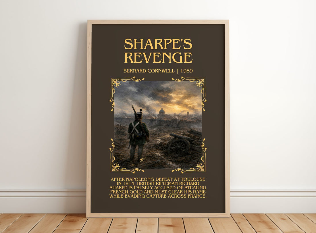 Sharpe's Revenge Minimalist Book Poster by Bernard Cornwell – framed print leaning on a wooden floor