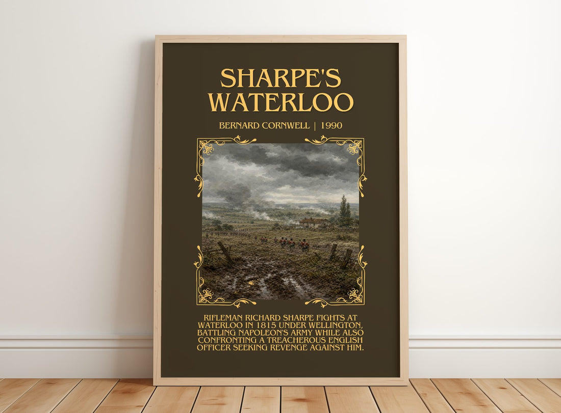 Sharpe's Waterloo Minimalist Book Poster by Bernard Cornwell – framed print leaning on a wooden floor