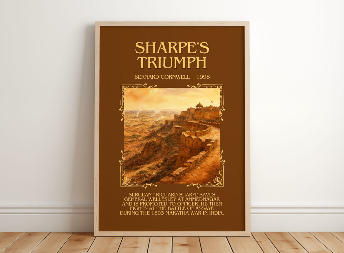 Sharpe's Triumph Minimalist Book Poster by Bernard Cornwell – framed print leaning on a wooden floor