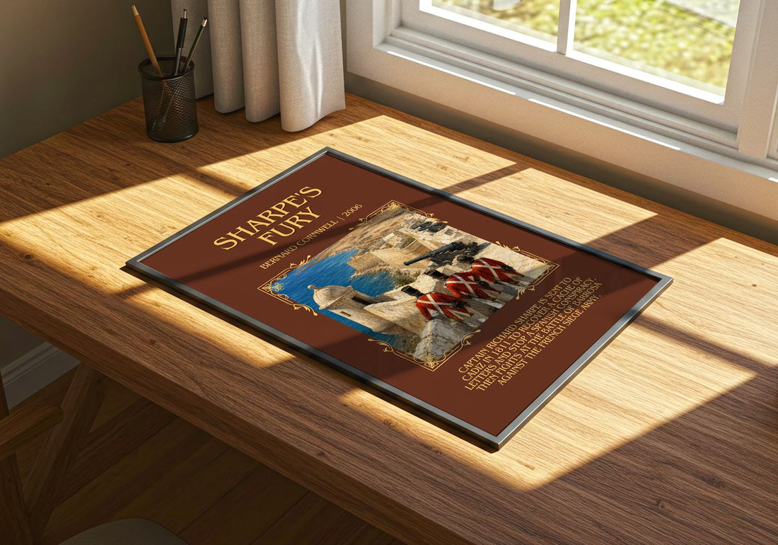 Sharpe's Fury Minimalist Book Poster by Bernard Cornwell – print on a sunlit desk