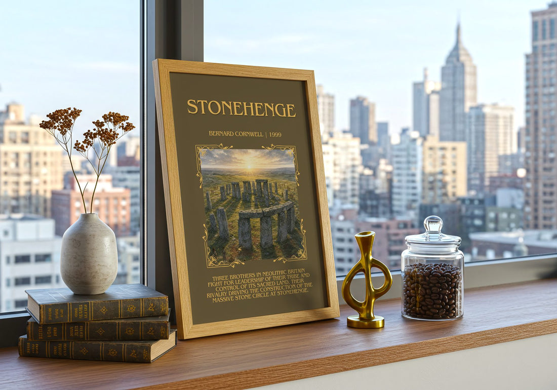 Stonehenge Minimalist Book Poster by Bernard Cornwell – framed print on a city-view windowsill