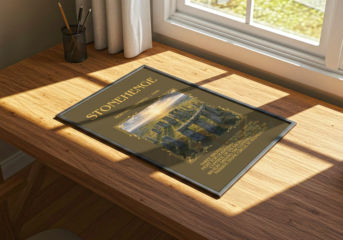 Stonehenge Minimalist Book Poster by Bernard Cornwell – print on a sunlit desk