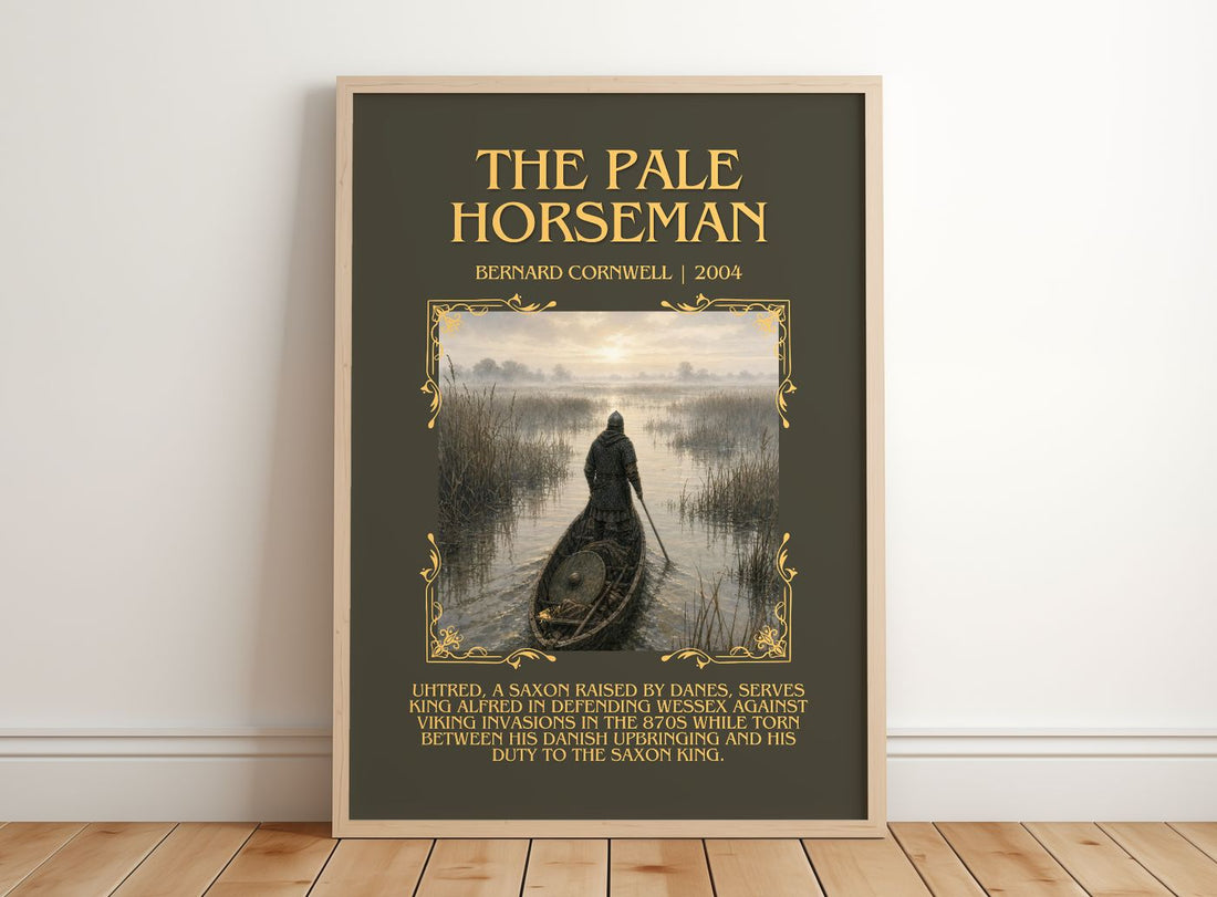 The Pale Horseman Minimalist Book Poster by Bernard Cornwell – framed print leaning on a wooden floor