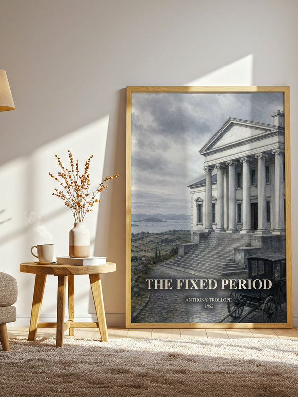 The Fixed Period watercolour print in frame leaning in hallway – satire wall art
