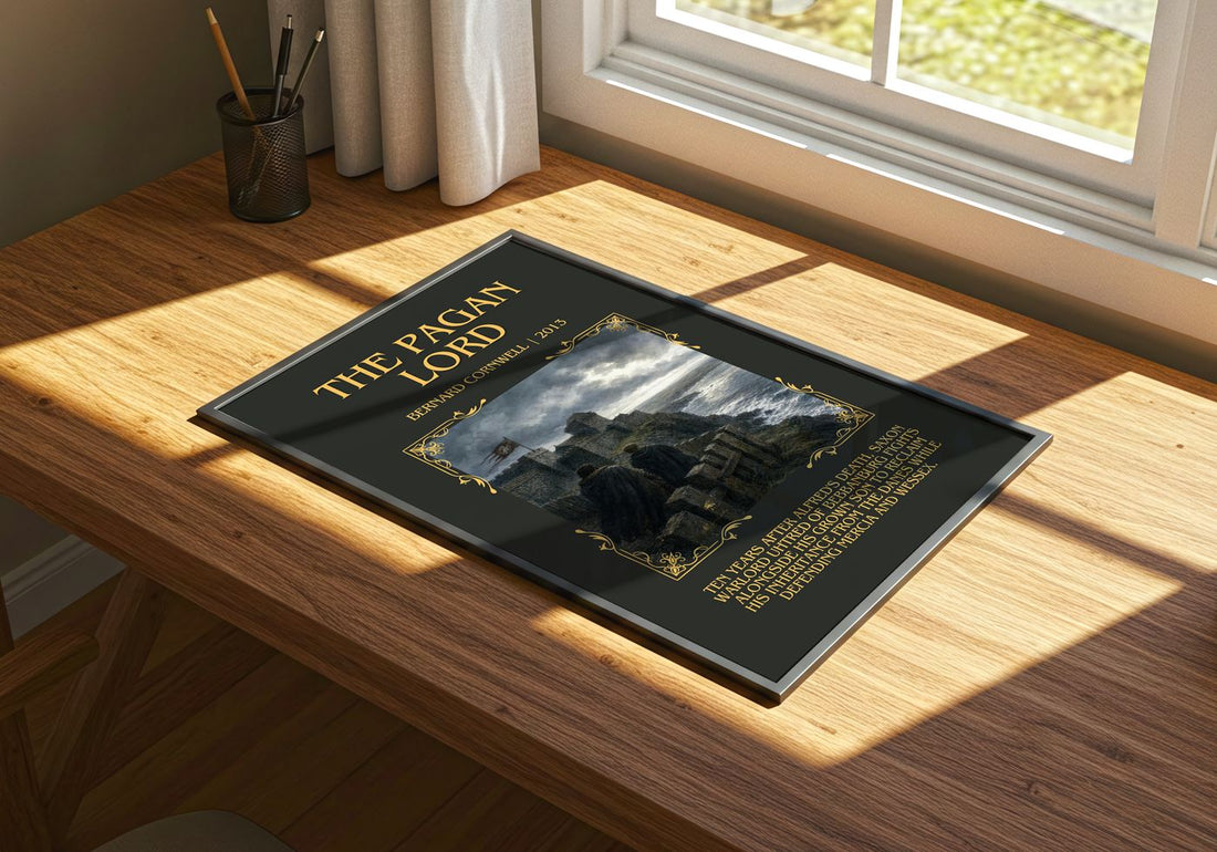 The Pagan Lord Minimalist Book Poster by Bernard Cornwell – print on a sunlit desk