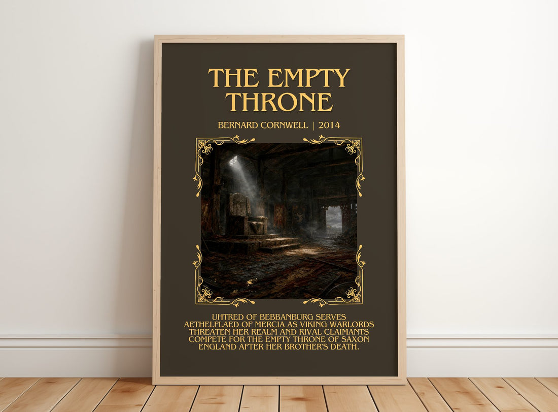 The Empty Throne Minimalist Book Poster by Bernard Cornwell – framed print leaning on a wooden floor