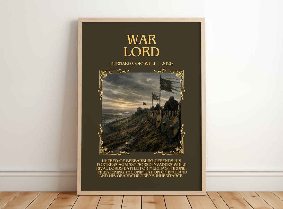 War Lord Minimalist Book Poster by Bernard Cornwell – framed print leaning on a wooden floor