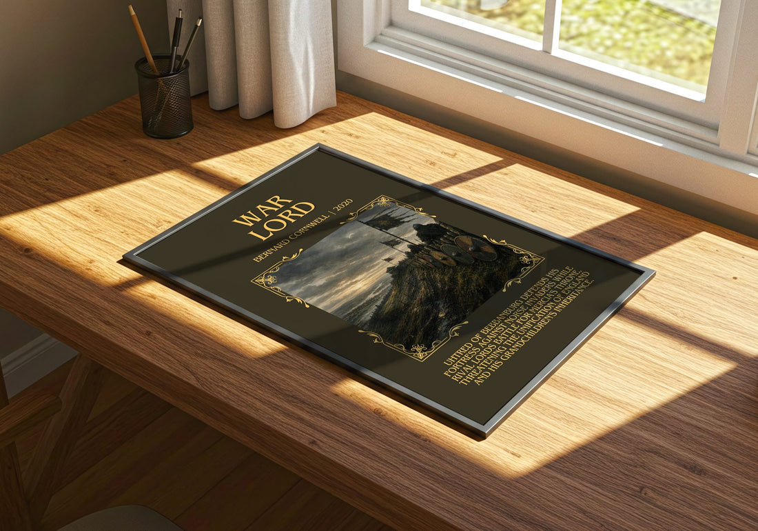 War Lord Minimalist Book Poster by Bernard Cornwell – print on a sunlit desk