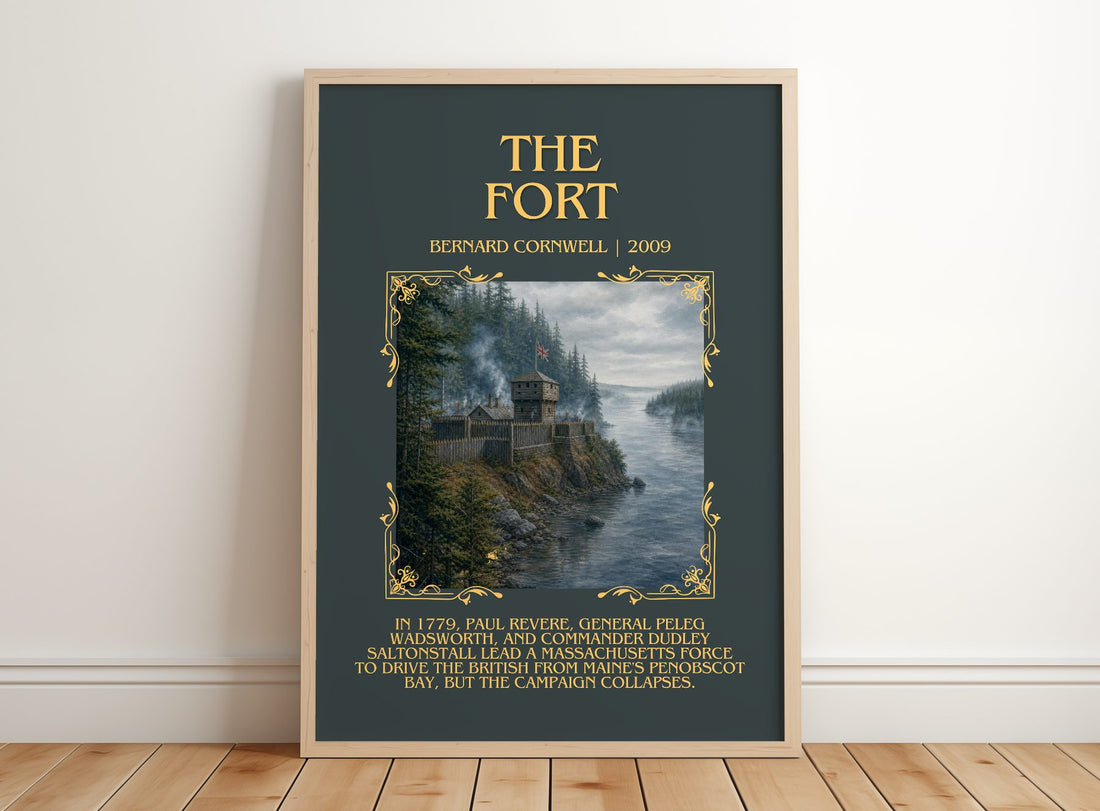 The Fort Minimalist Book Poster by Bernard Cornwell – framed print leaning on a wooden floor