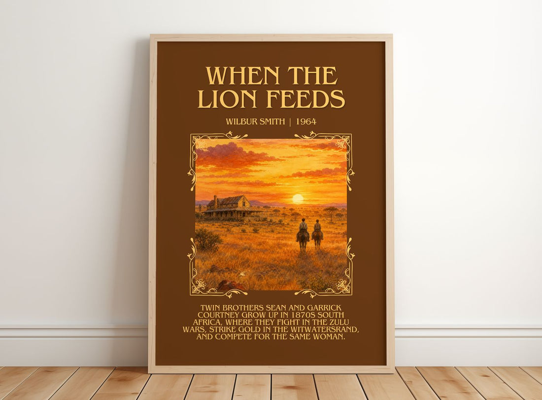 When the Lion Feeds Minimalist Book Poster by Wilbur Smith – framed print leaning on a wooden floor