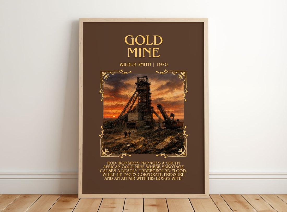 Gold Mine Minimalist Book Poster by Wilbur Smith – framed print leaning on a wooden floor