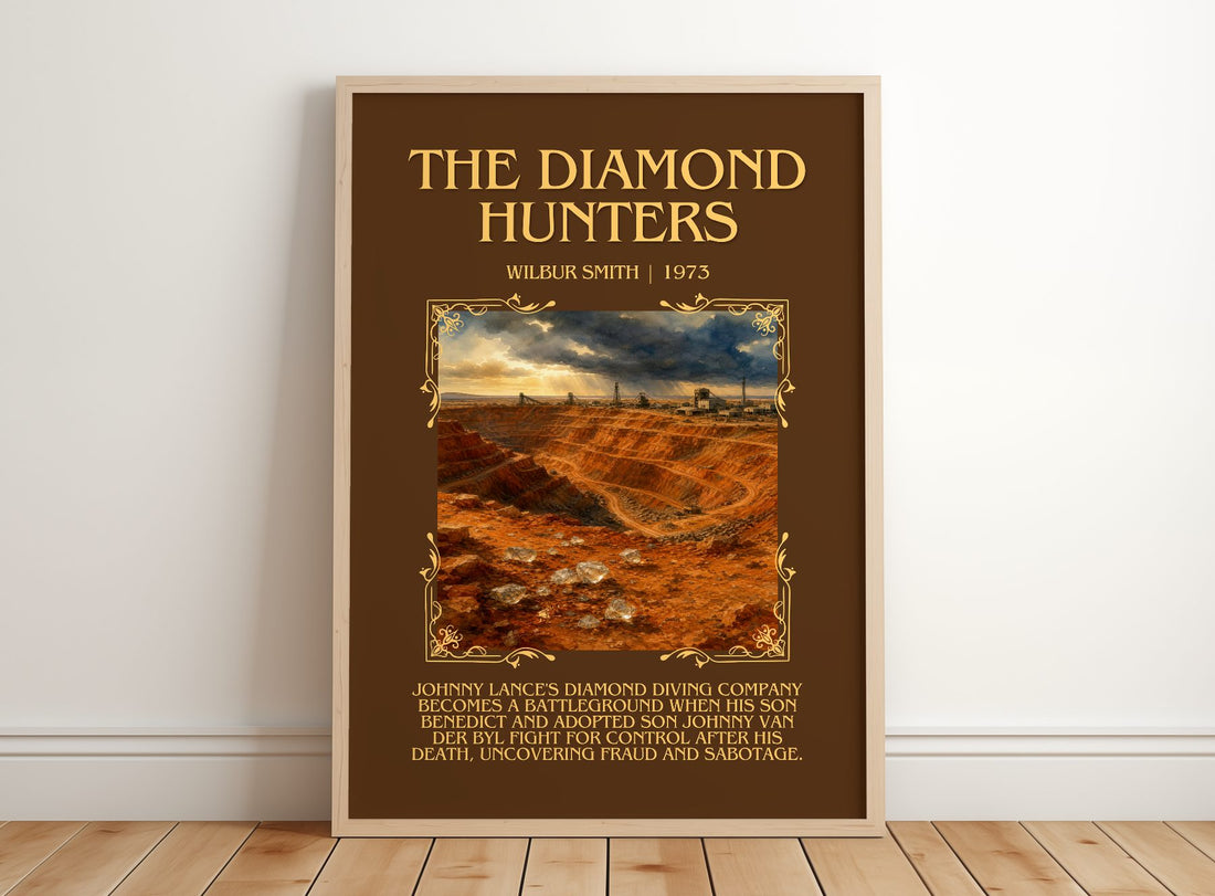 The Diamond Hunters Minimalist Book Poster by Wilbur Smith – framed print leaning on a wooden floor
