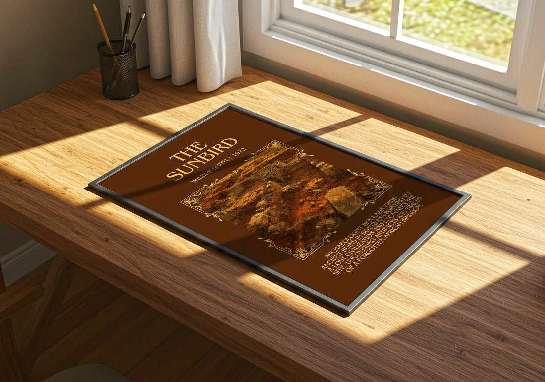 The Sunbird Minimalist Book Poster by Wilbur Smith – print on a sunlit desk