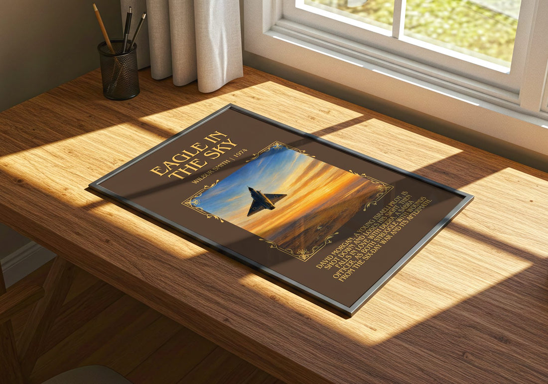 Eagle in the Sky Minimalist Book Poster by Wilbur Smith – print on a sunlit desk