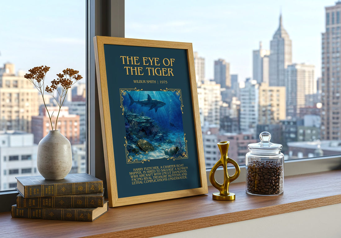 The Eye of the Tiger Minimalist Book Poster by Wilbur Smith – framed print on a city-view windowsill