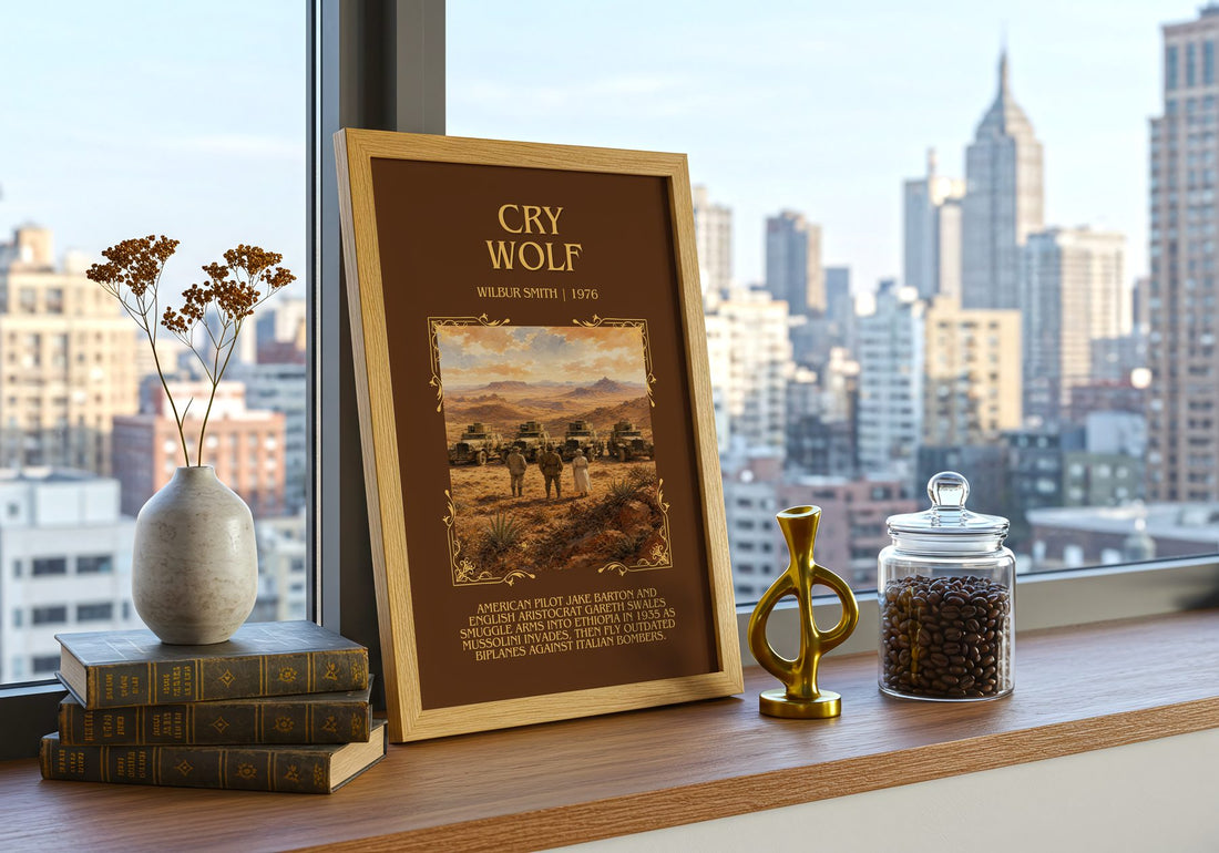 Cry Wolf Minimalist Book Poster by Wilbur Smith – framed print on a city-view windowsill
