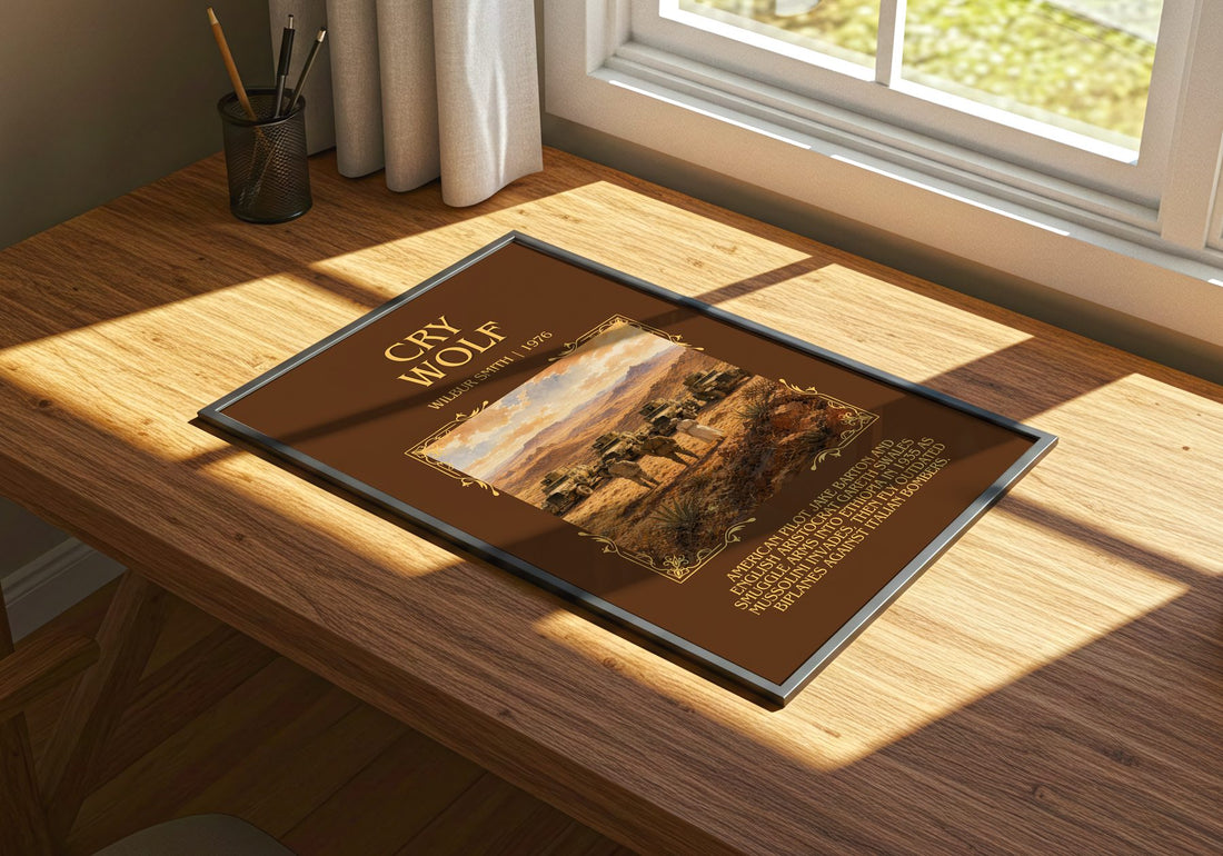 Cry Wolf Minimalist Book Poster by Wilbur Smith – print on a sunlit desk