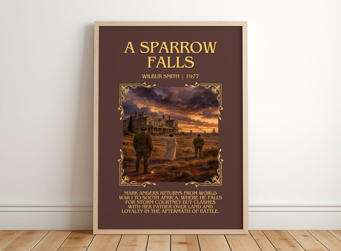 A Sparrow Falls Minimalist Book Poster by Wilbur Smith – framed print leaning on a wooden floor