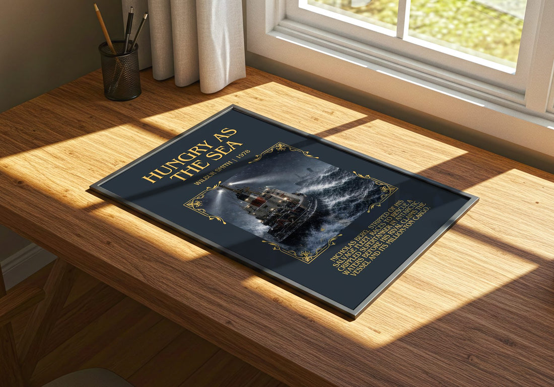 Hungry as the Sea Minimalist Book Poster by Wilbur Smith – print on a sunlit desk