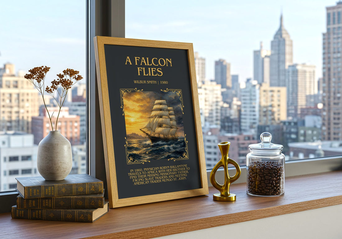 A Falcon Flies Minimalist Book Poster by Wilbur Smith – framed print on a city-view windowsill