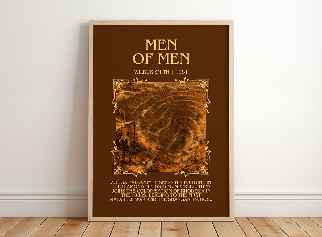 Men of Men Minimalist Book Poster by Wilbur Smith – framed print leaning on a wooden floor