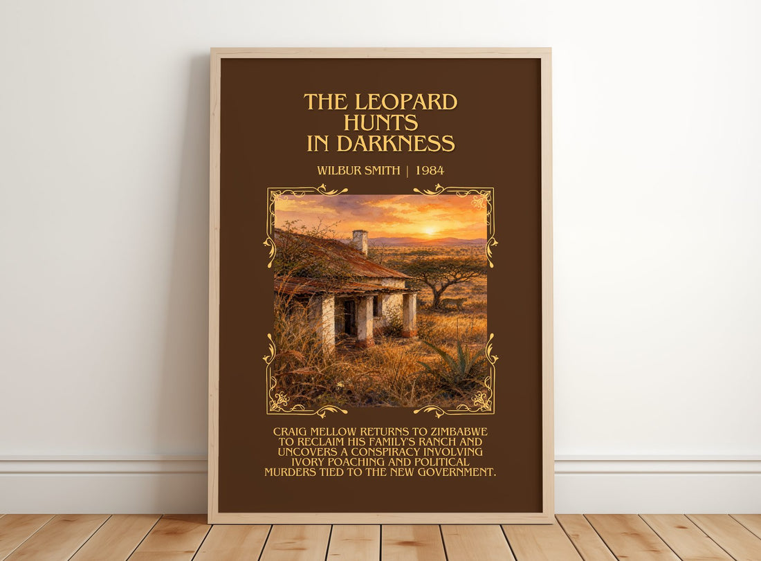 The Leopard Hunts in Darkness Minimalist Book Poster by Wilbur Smith – framed print leaning on a wooden floor