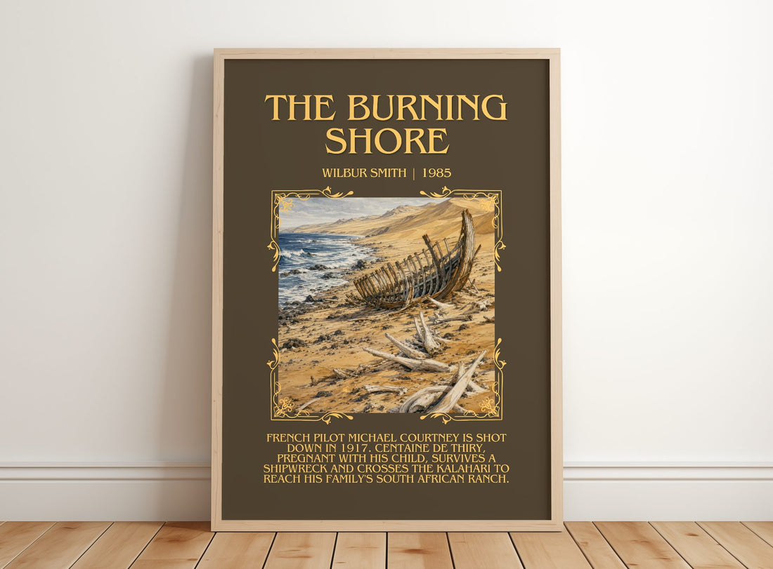 The Burning Shore Minimalist Book Poster by Wilbur Smith – framed print leaning on a wooden floor