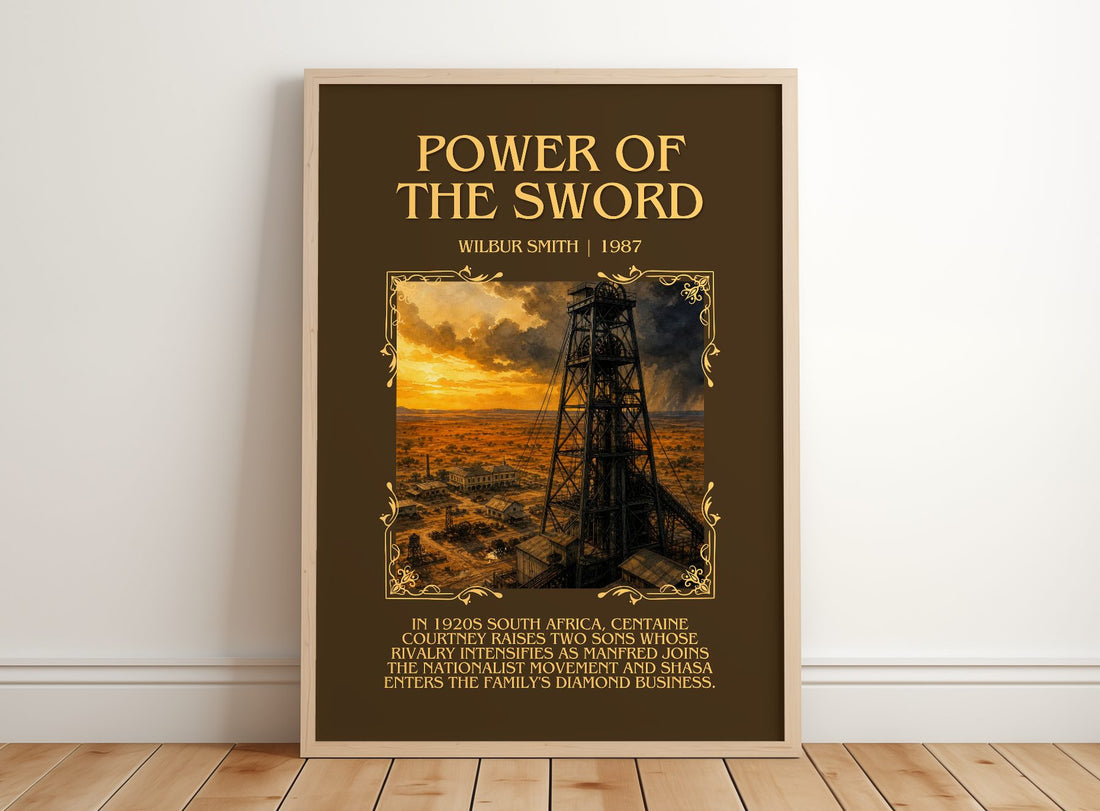 Power of the Sword Minimalist Book Poster by Wilbur Smith – framed print leaning on a wooden floor