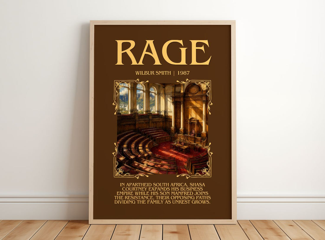 Rage Minimalist Book Poster by Wilbur Smith – framed print leaning on a wooden floor