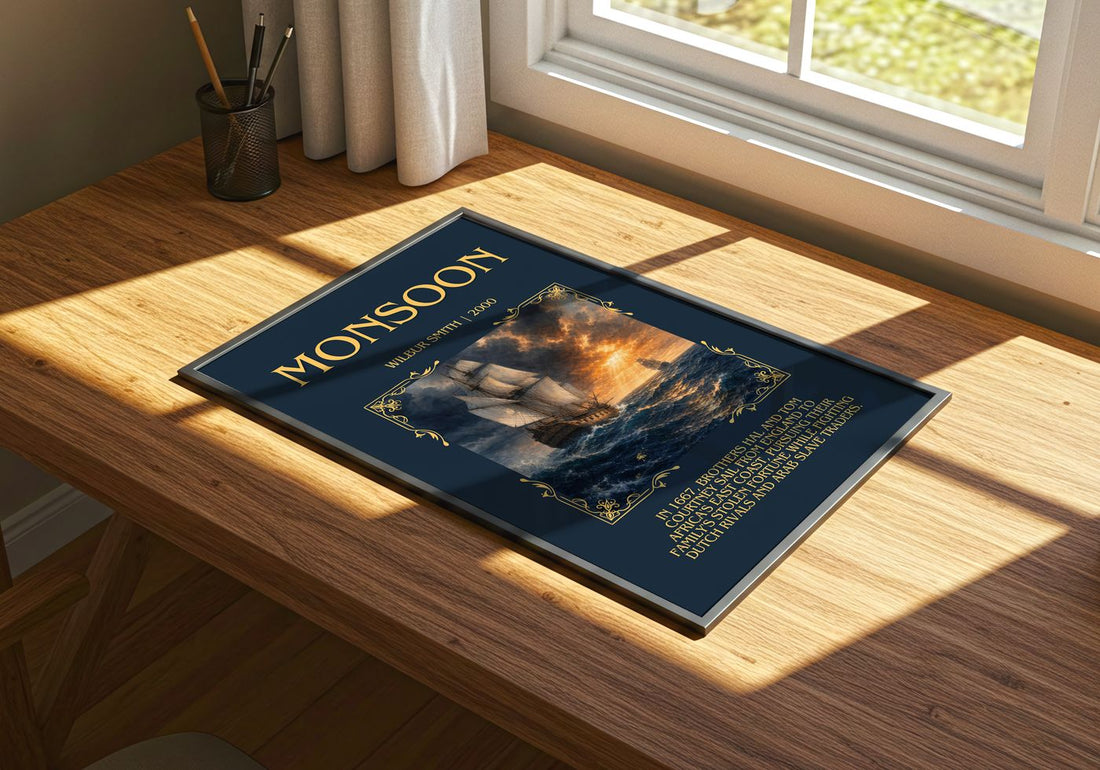 Monsoon Minimalist Book Poster by Wilbur Smith – print on a sunlit desk