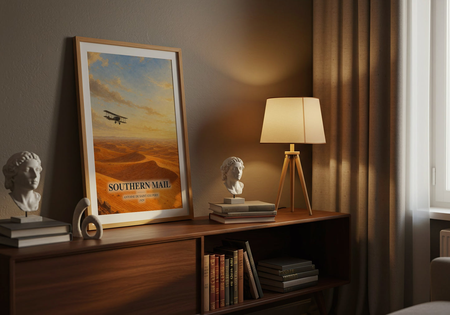 Southern Mail watercolour print on bookshelf – Antoine De Saint-Exupery fan gift
