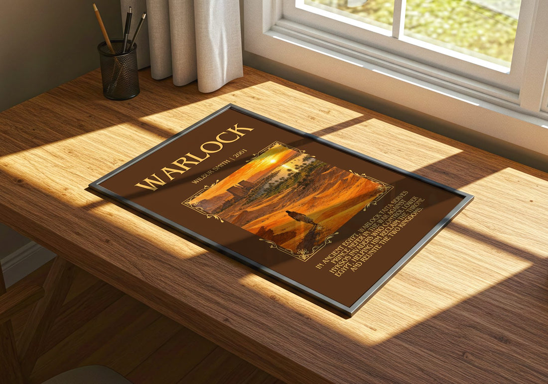 Warlock Minimalist Book Poster by Wilbur Smith – print on a sunlit desk