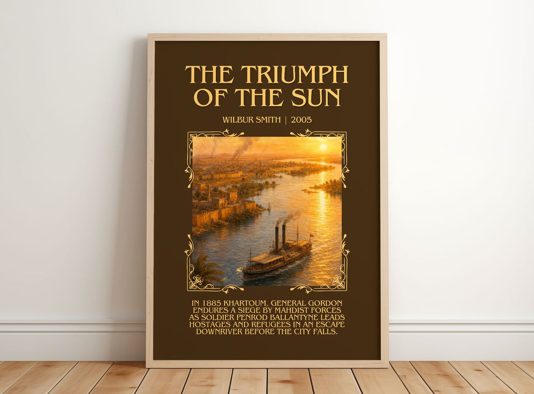 The Triumph of the Sun Minimalist Book Poster by Wilbur Smith – framed print leaning on a wooden floor