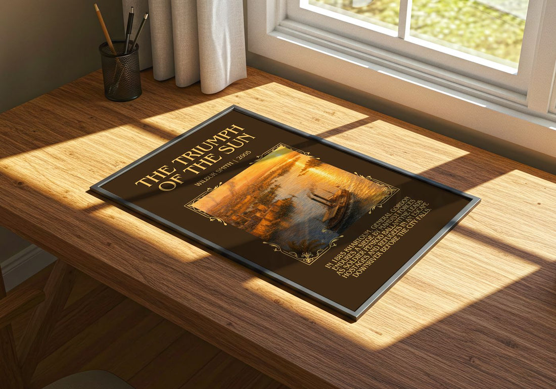 The Triumph of the Sun Minimalist Book Poster by Wilbur Smith – print on a sunlit desk