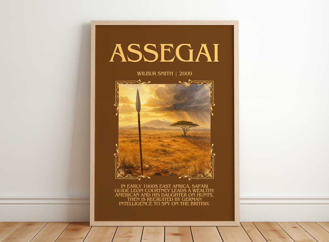 Assegai Minimalist Book Poster by Wilbur Smith – framed print leaning on a wooden floor