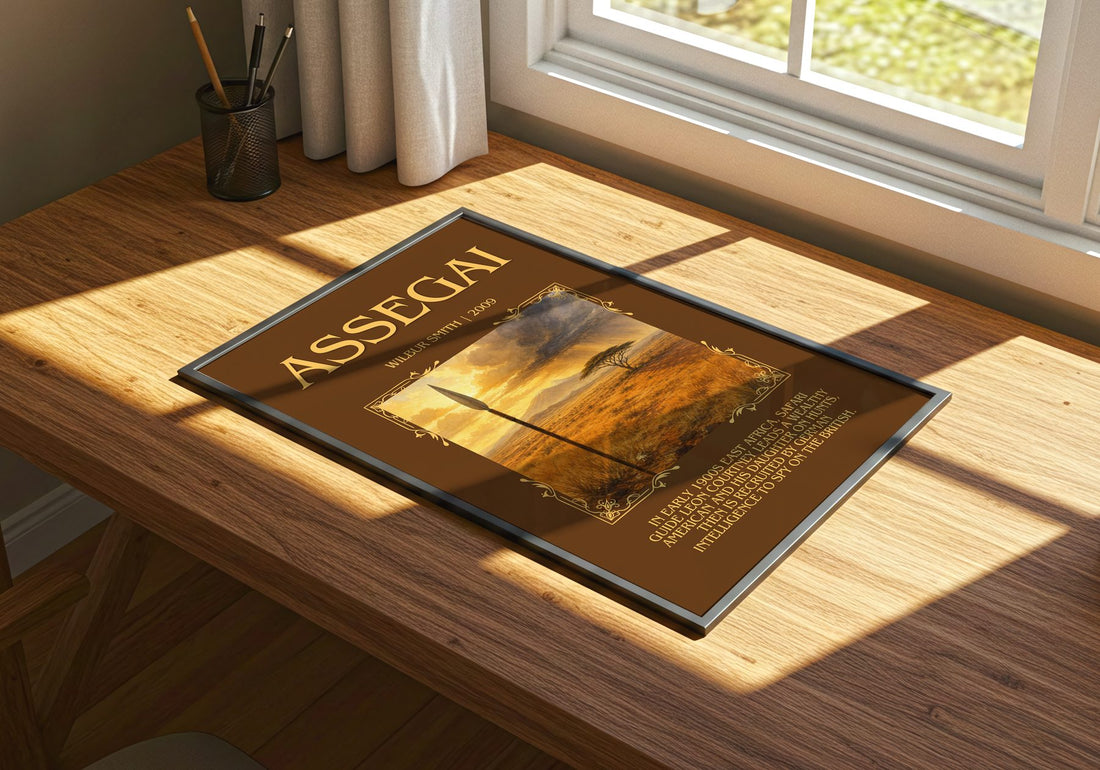 Assegai Minimalist Book Poster by Wilbur Smith – print on a sunlit desk