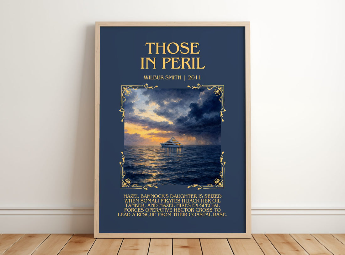 Those in Peril Minimalist Book Poster by Wilbur Smith – framed print leaning on a wooden floor