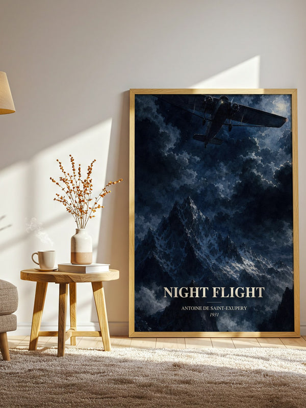 Night Flight watercolour print in frame leaning in hallway – literary fiction wall art