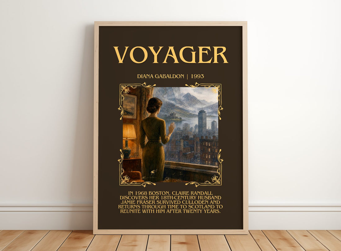 Voyager Minimalist Book Poster by Diana Gabaldon – framed print leaning on a wooden floor