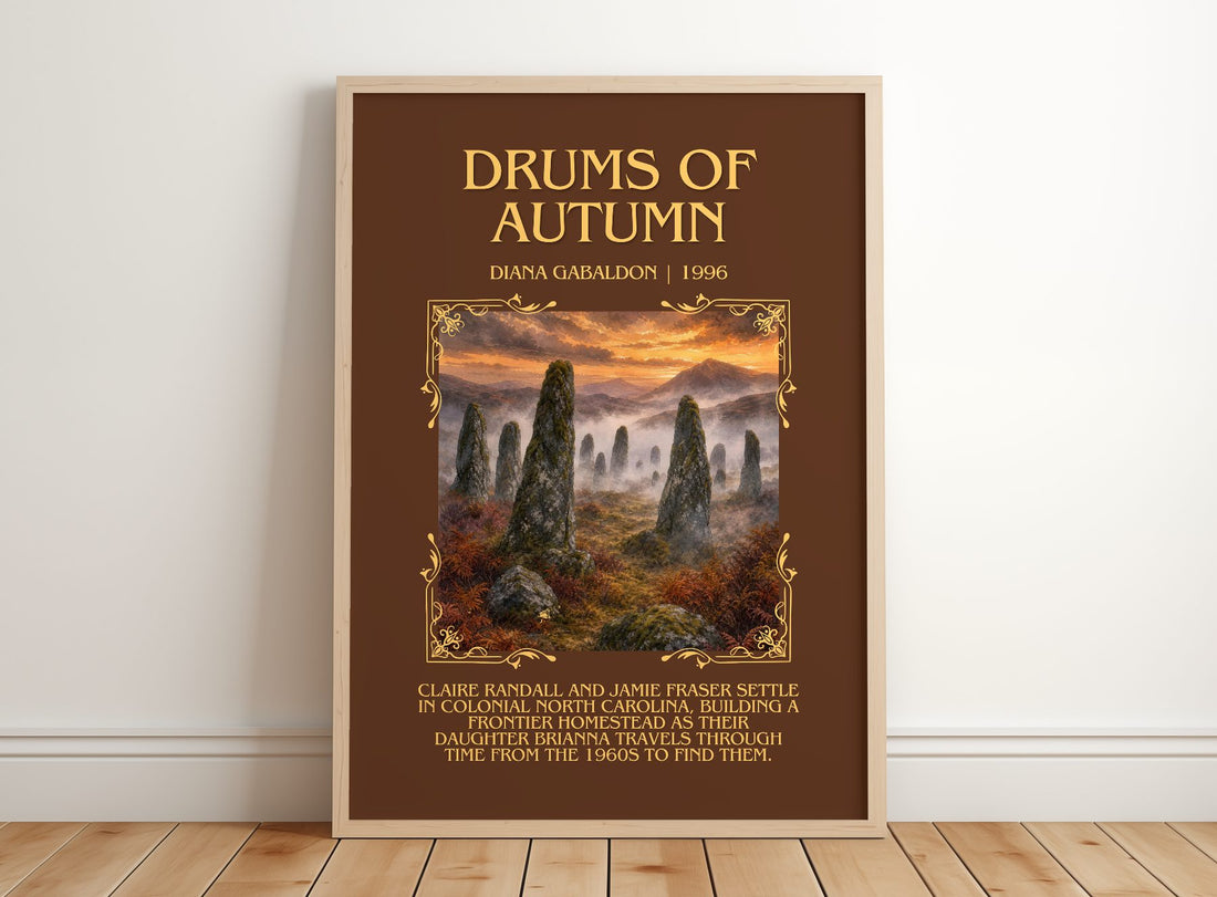 Drums of Autumn Minimalist Book Poster by Diana Gabaldon – framed print leaning on a wooden floor