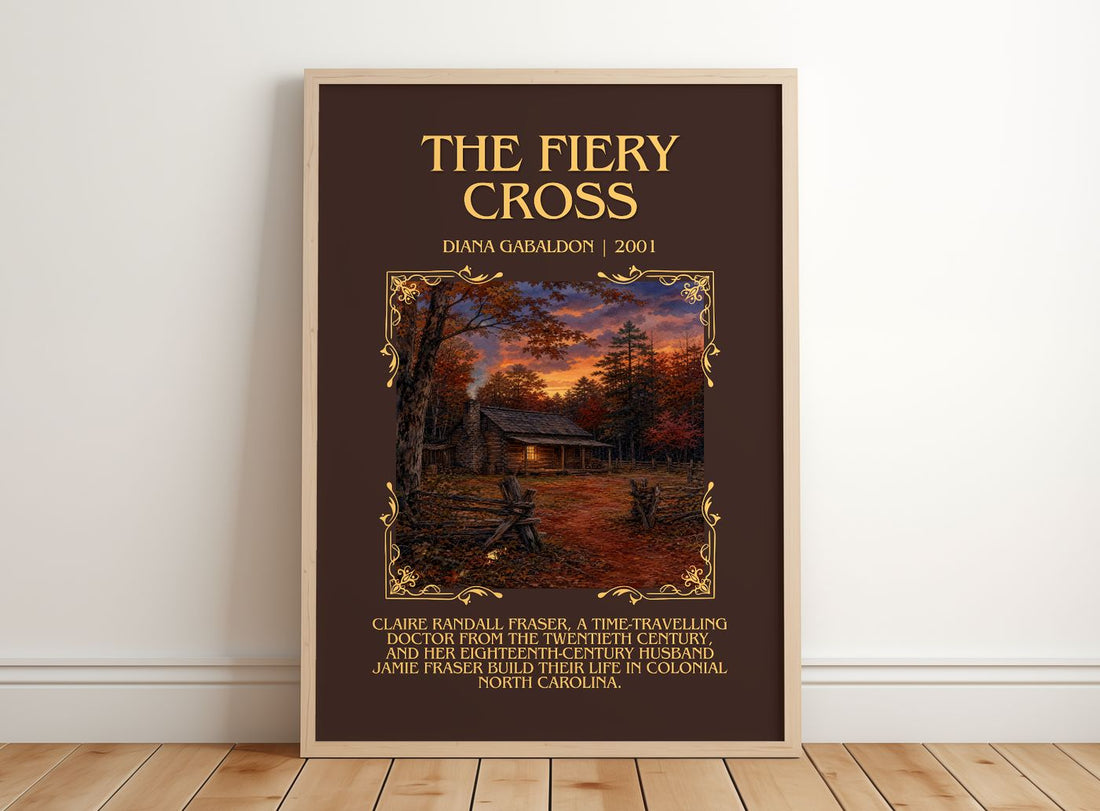 The Fiery Cross Minimalist Book Poster by Diana Gabaldon – framed print leaning on a wooden floor