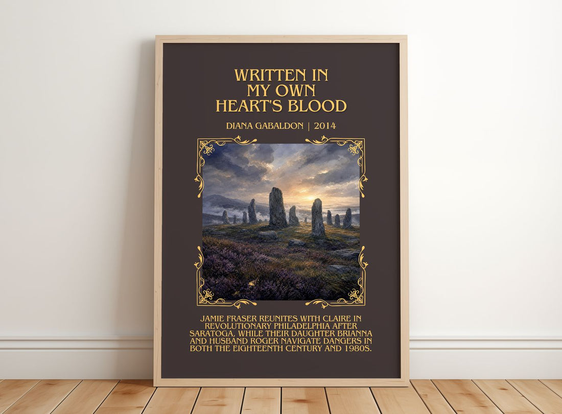 Written in My Own Heart's Blood Minimalist Book Poster by D. Gabaldon – framed print leaning on a wooden floor