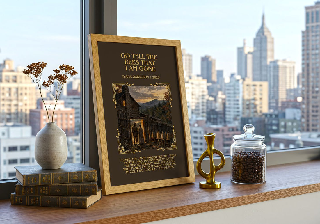 Go Tell the Bees That I Am Gone Minimalist Book Poster by D. Gabaldon – framed print on a city-view windowsill