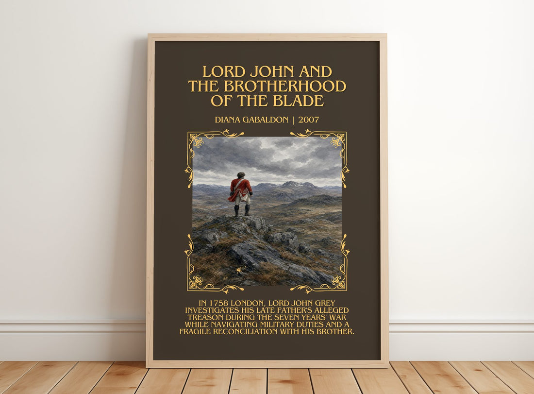 Lord John and the Brotherhood of the Blade Minimalist Book Poster – – framed print leaning on a wooden floor
