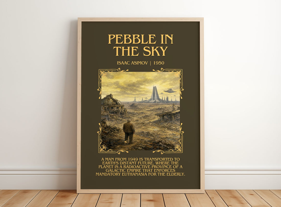 Pebble in the Sky Minimalist Book Poster by Isaac Asimov – framed print leaning on a wooden floor
