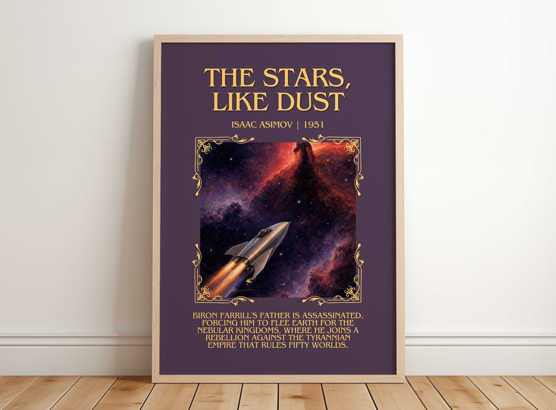 The Stars, Like Dust Minimalist Book Poster by Isaac Asimov – framed print leaning on a wooden floor